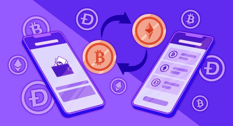 Ilustración de un intercambio descentralizado de criptomonedas (DEX) que destaca la conexión directa entre usuarios sin inter