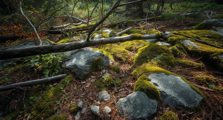 some large branches, moss covered rocks in the woods 