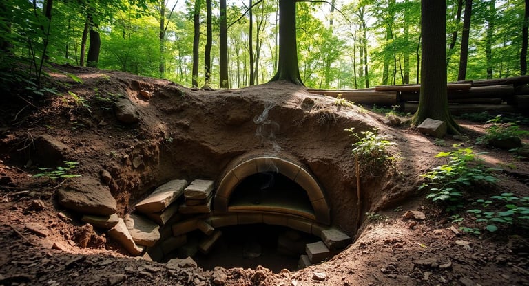 An underground earth oven in a serene forest setting