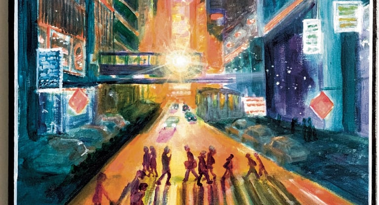 Sun setting perfectly aligned with the street in between buildings in downtown