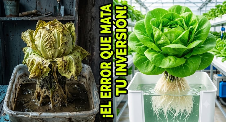Comparativa entre una lechuga marchita con podredumbre de raíz y una lechuga hidropónica sana 