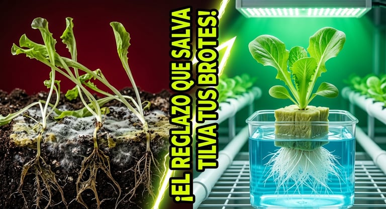 Comparison of unhealthy moldy seedlings versus a thriving hydroponic plant under LED grow lights.