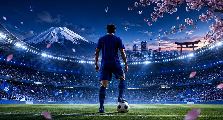 Joueur de l'équipe du Japon de football dans un stade avec le mont Fuji en arrière-plan