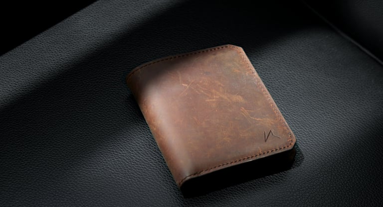 carteira slim EDC de couro sobre mesa 