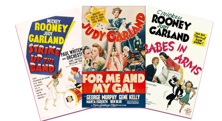 Poster collage for Strike Up the Band, For Me and My Gal, and Babes in Arms, starring Judy Garland a