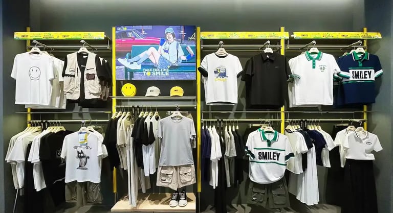 Clothing display featuring Smiley brand t-shirts and casual apparel on racks in a modern retail store.