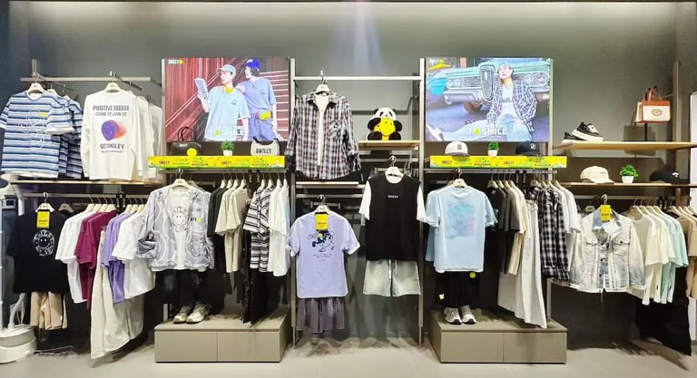 Modern clothing store display featuring trendy t-shirts, flannel shirts, and streetwear on metal racks.