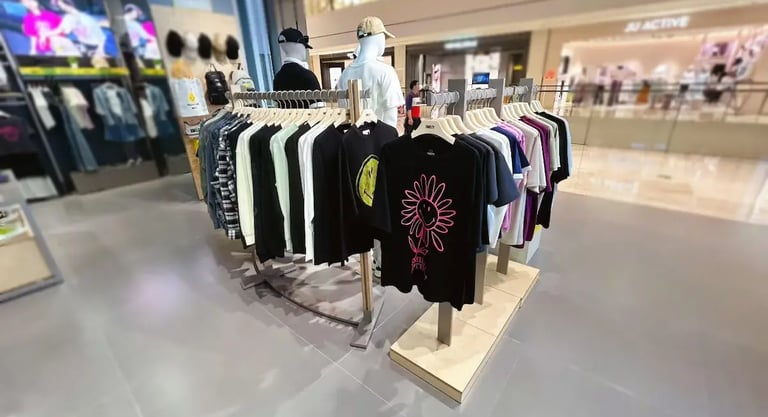 Casual graphic t-shirts and apparel on clothing racks in a modern retail fashion store.