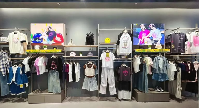 A retail clothing display featuring Smiley face graphic t-shirts and denim apparel in a modern store.