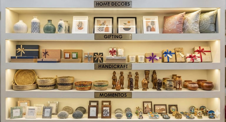 assorted corporate gift and office decor display including handicraft, gift boxes , mementos