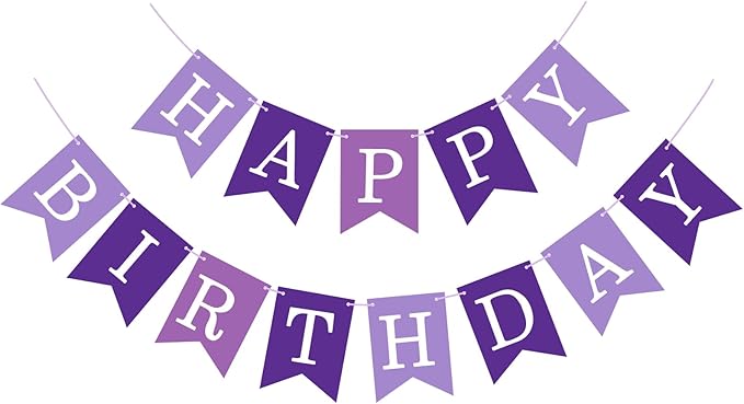 Light and dark purple “Happy Birthday” banner with ribbon, ideal for wall, door, or party photo back