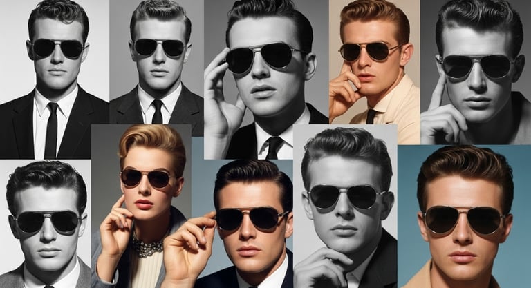 Celebridades años 1950 1960 usando lentes aviador símbolo masculino