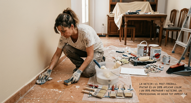 A professional painter cleaning floor tiles with a sponge after interior house painting.