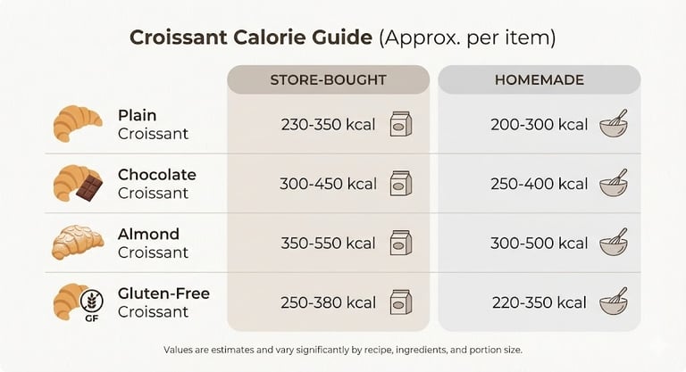 Croissant calories chart comparing store-bought and homemade croissants