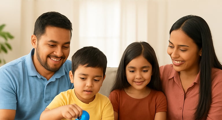 A warm interaction between a behavioral therapist and a young child using visual aids to communicate.