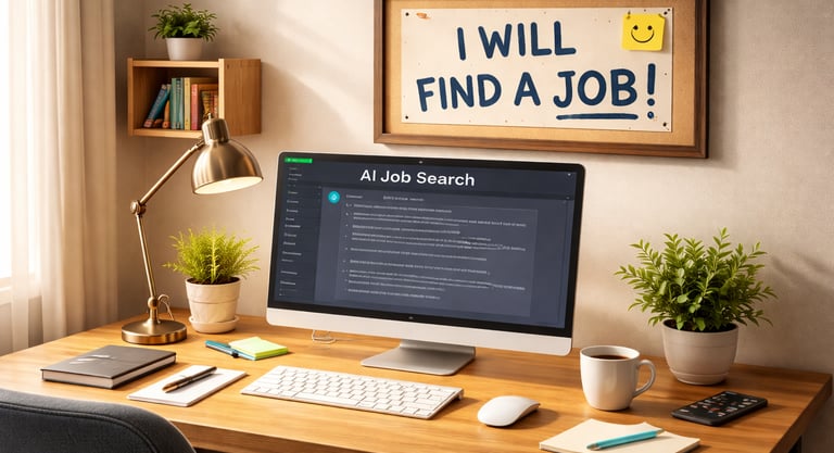 desk with computer with a sign: I will find a job.