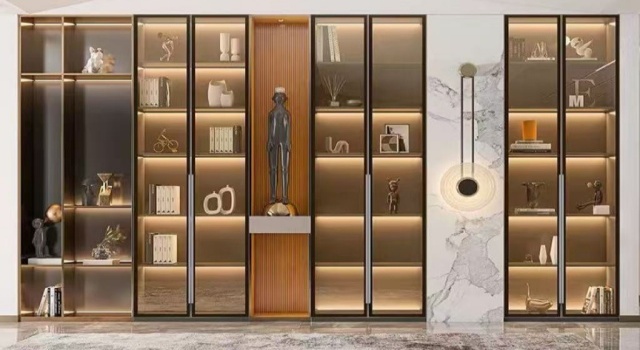 Aluminum frame glass door display cabinet with LED lighting, showcasing matte black frame and clear tempered glass