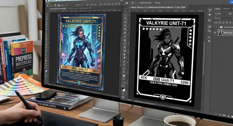 Photoshop K=100 mask layer setup for cold foil TCG card printing.