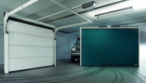 a truck parked in a garage with a green door