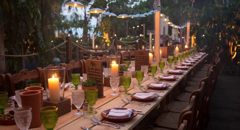 Long candlelit wedding banquet table in Marbella garden
