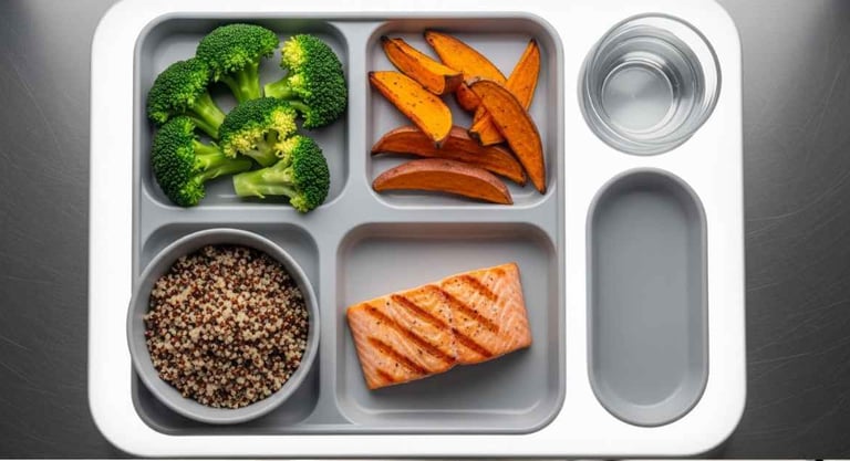 Vista superior de refeição balanceada em bandeja clínica com legumes, proteína e grãos integrais.