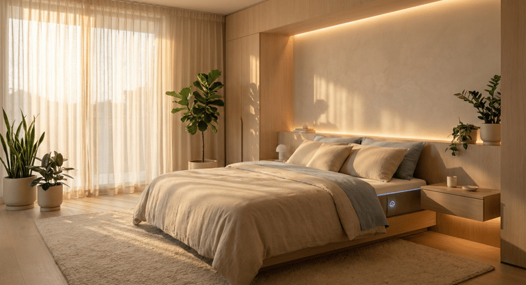 Luxurious hotel bedroom at dawn with warm natural light optimized for sleep