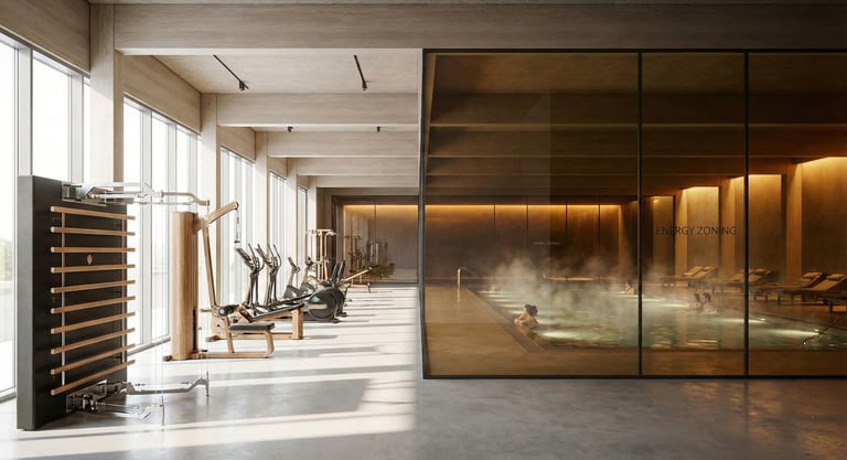 Luxury wellness facility design showing the transition between fitness areas and relaxation zones.