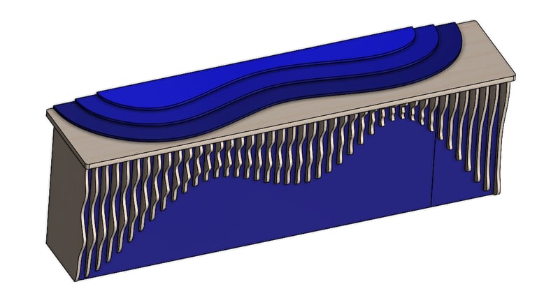 Modern blue wave reception desk with wooden accents and a parametric curved slat design.