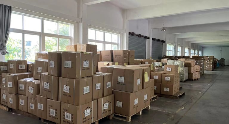 Inside the factory warehouse, neatly arranged shelves and goods