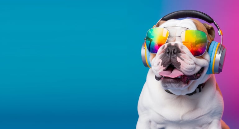 a dog wearing headphones and sunglasses with a rainbow colored background