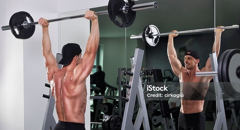 a man doing a barbell exercise in a gym