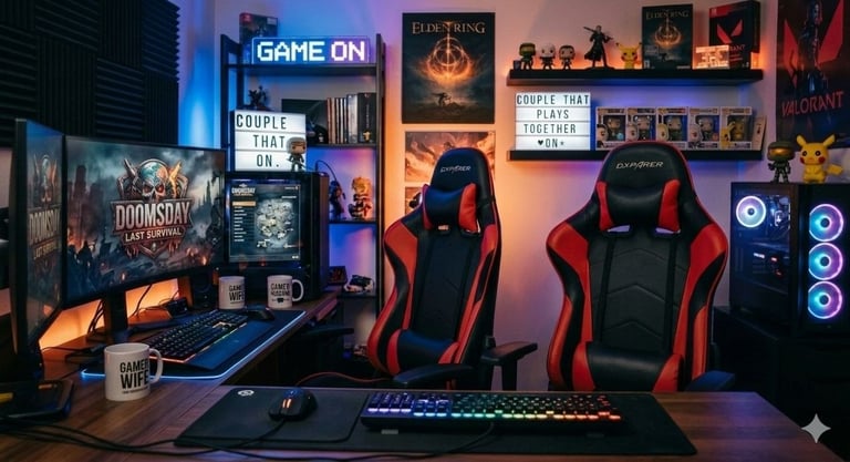Modern dual-desk gaming setup for couples featuring red and black racing chairs and RGB lighting.
