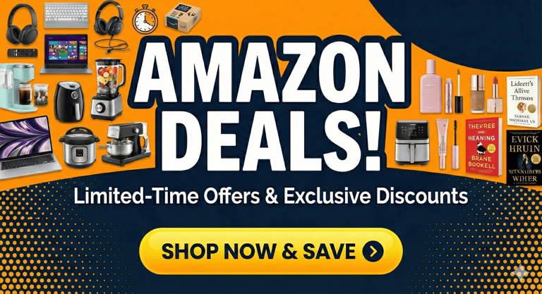 Amazon Deals banner featuring electronics, kitchen appliances, and beauty products with limited-time discount offers.