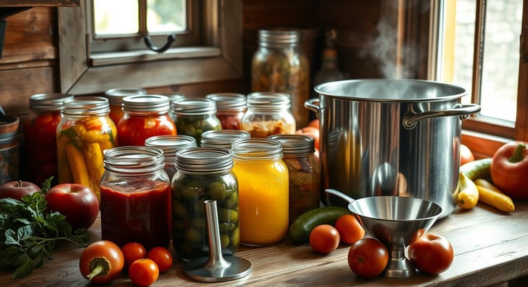 canning pot with various canned preserves