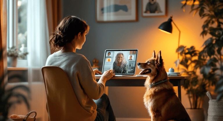 a woman sitting at a desk with a dog
