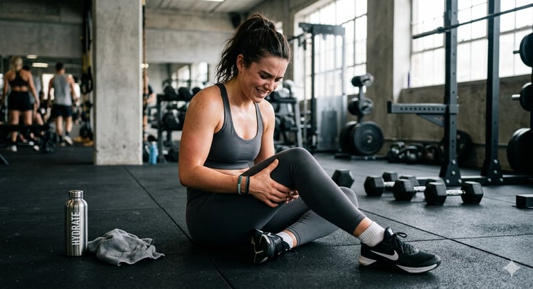 Mulher com dor muscular após treino segurando a coxa