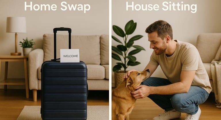 Split-screen showing the difference between home exchange and house sitting: one side features a suitcase in a clean living r