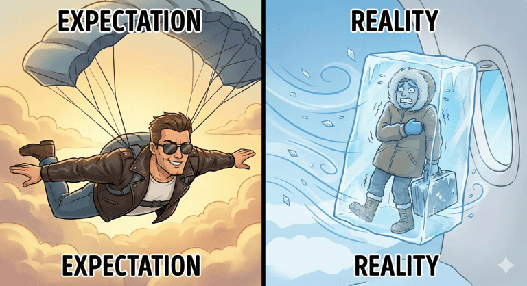 An expectation vs reality meme comparing a cool skydiver to a frozen passenger outside a plane.