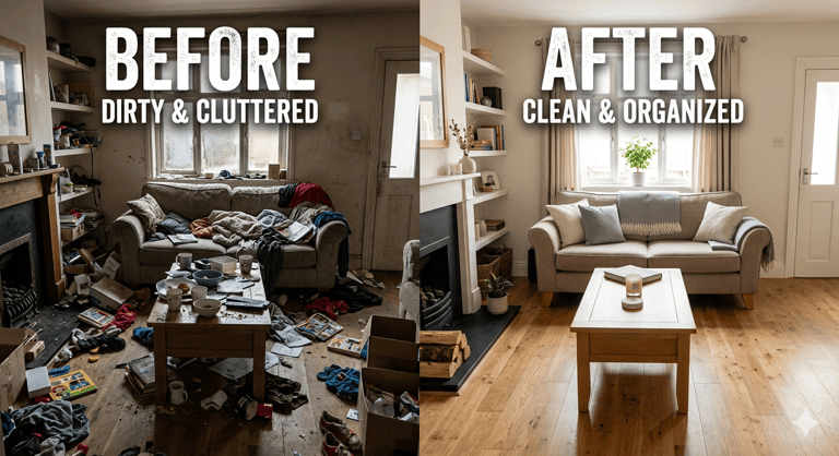 Before and after comparison of a messy living room transformed into a clean, organized space.