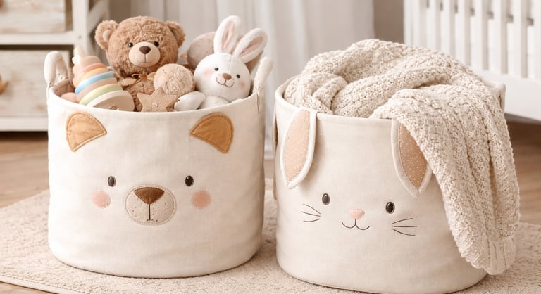 two large white baskets with stuffed animals and an overflowing blanket in them