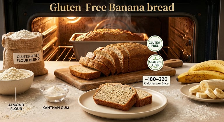 Gluten-free banana bread slices with almond flour, gluten-free flour blend, xanthan gum, and ripe ba