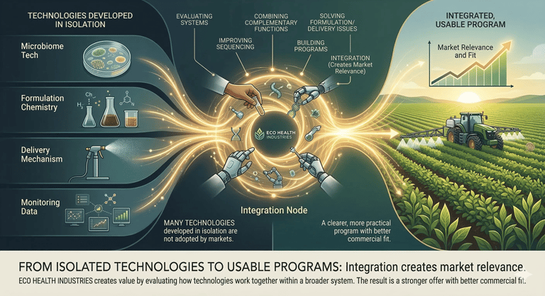 Diagram showing the integration of microbiome tech and formulation chemistry into usable agricultural programs.