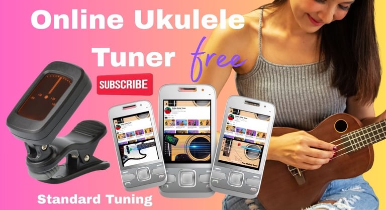 A woman playing a ukulele next to a digital clip-on tuner and smartphones showing a free online ukulele tuner app.