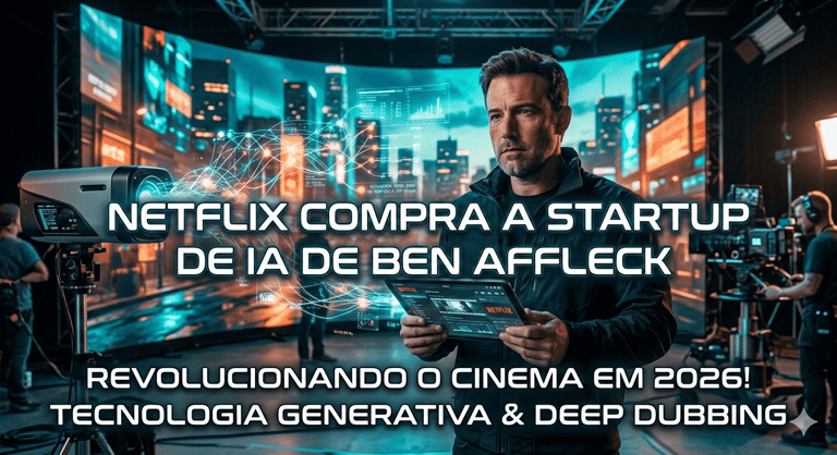 Banner tecnológico mostrando o logo da Netflix se transformando em circuitos de inteligência artific