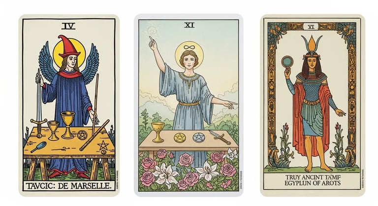 Representacion del tarot de marsella, rider y egipcio