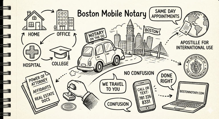 Boston mobile notary signing documents at client home in Boston Massachusetts