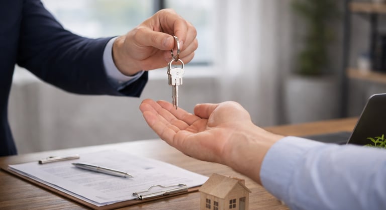 a man handing a keychaik to another person