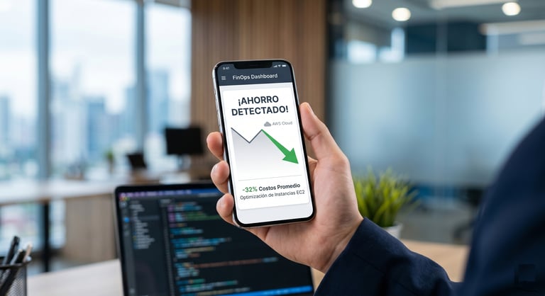 Smartphone con dashboard de FinOps mostrando 32% de ahorro en costos de AWS Cloud.