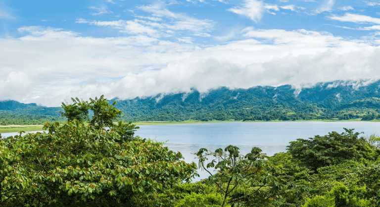 Panoramic view of Arenal Volcano and Lake Arenal surrounded by lush tropical rainforest in Costa Rica.