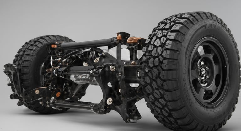 A close-up of a high-performance vehicle chassis showing the suspension, axle, and a large all-terrain tire.